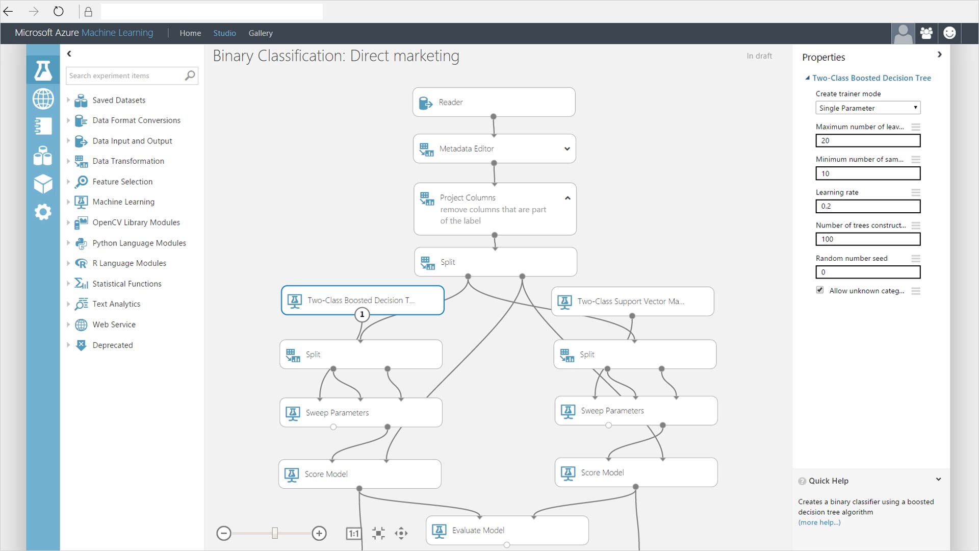 screen shot azure ml studio